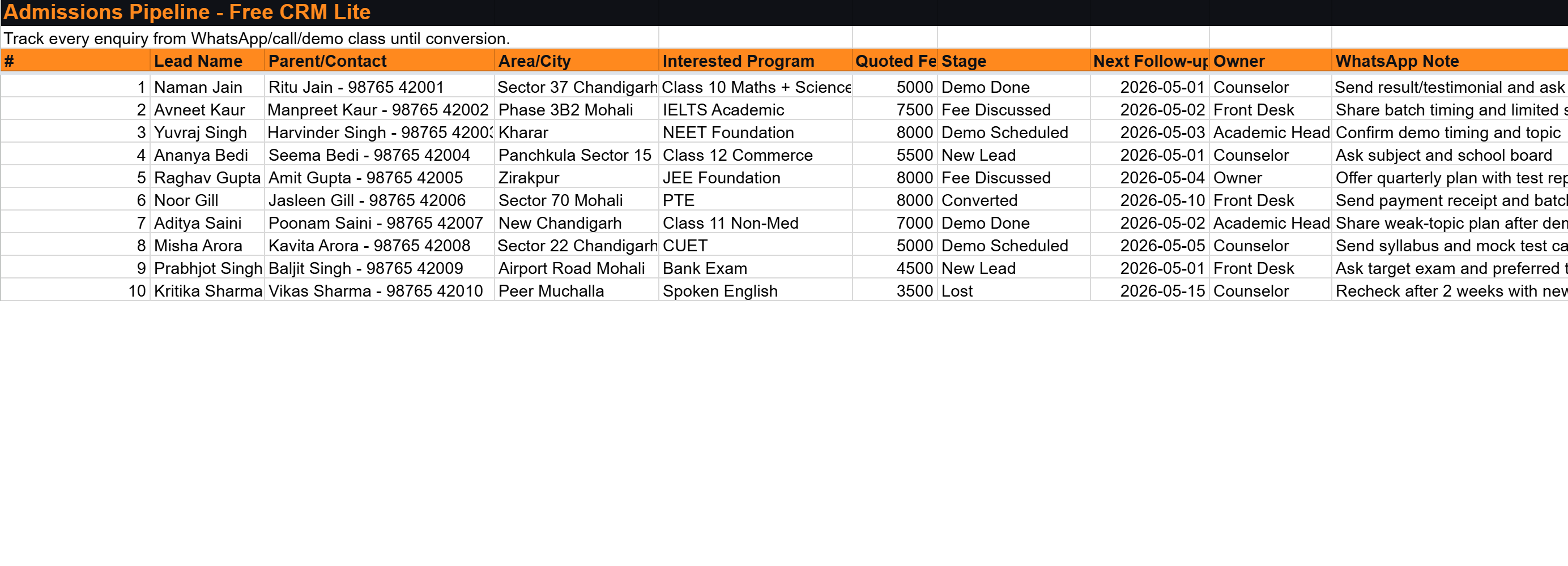 Admissions / enquiry pipeline follow-up tracker