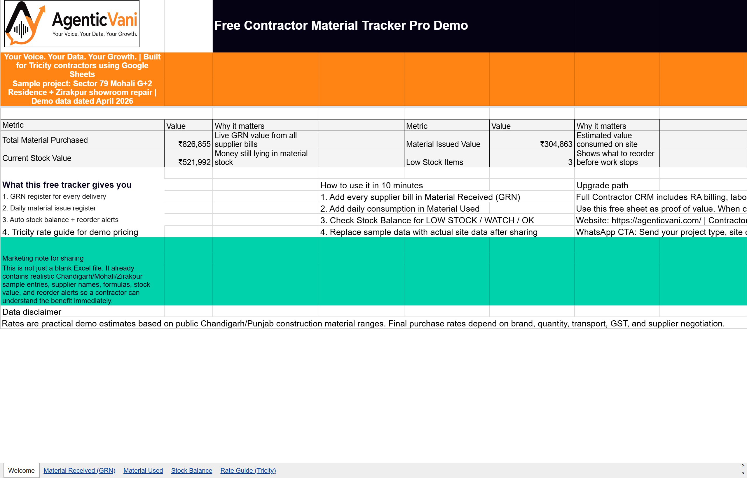 Screenshot of the Contractor Material Tracker Google Sheet