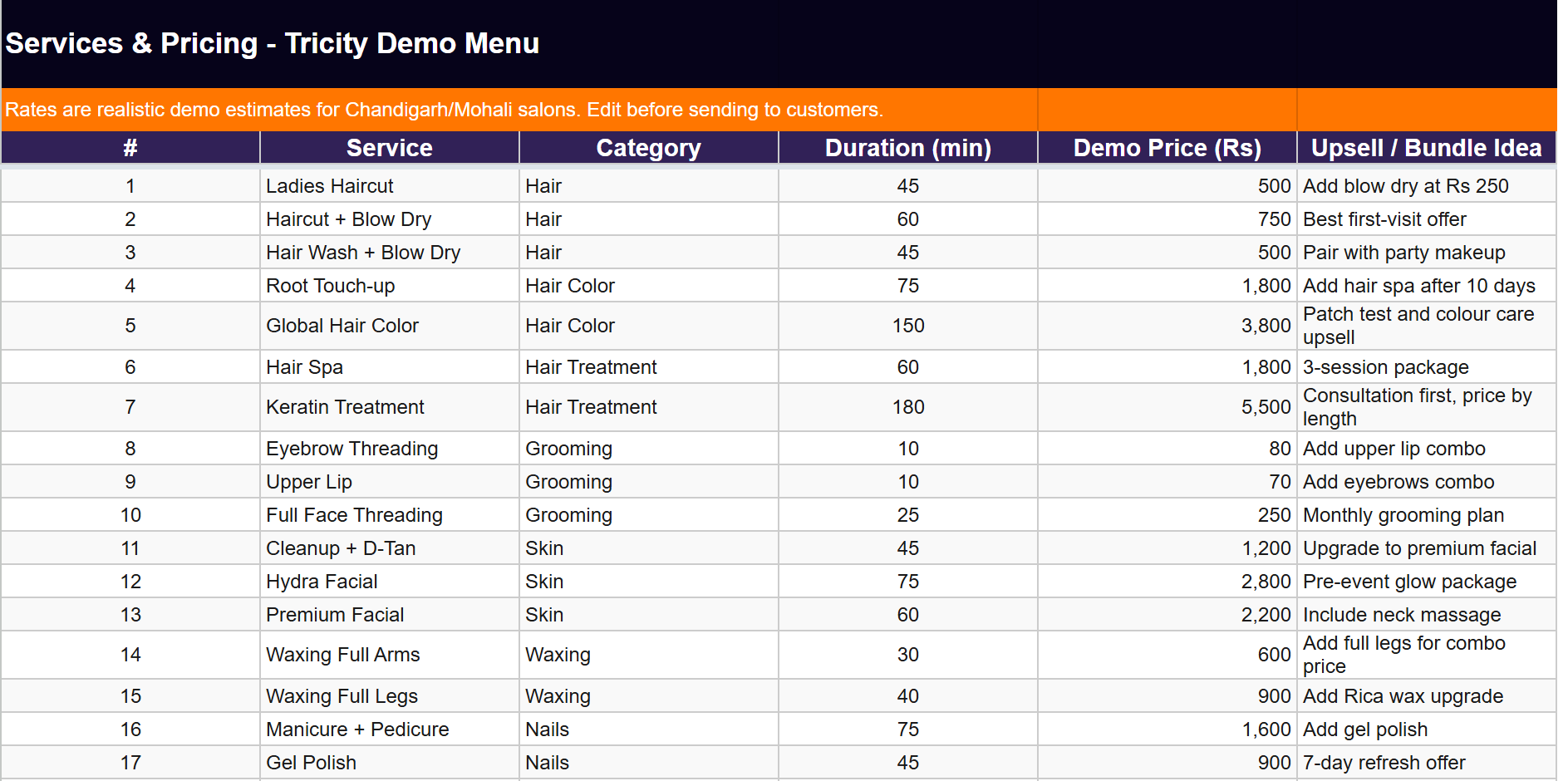 Salon services and pricing menu
